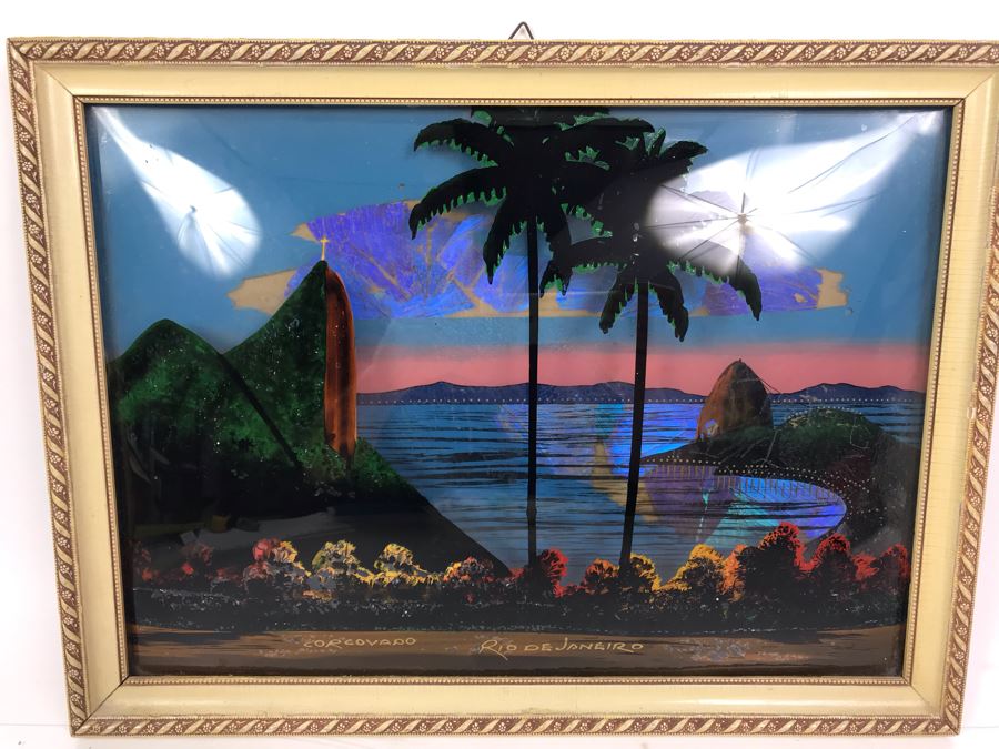 Vintage Corcovado Rio De Janeiro Bubbled Glass Butterfly Wings Framed Artwork 15' X 11' [Photo 3]