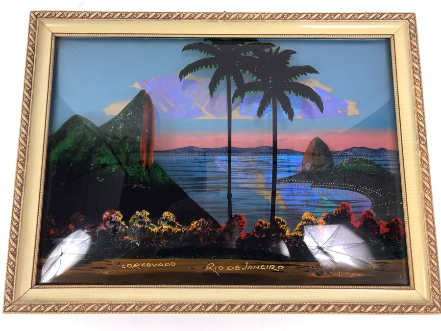Vintage Corcovado Rio De Janeiro Bubbled Glass Butterfly Wings Framed Artwork 15' X 11' [Photo 1]
