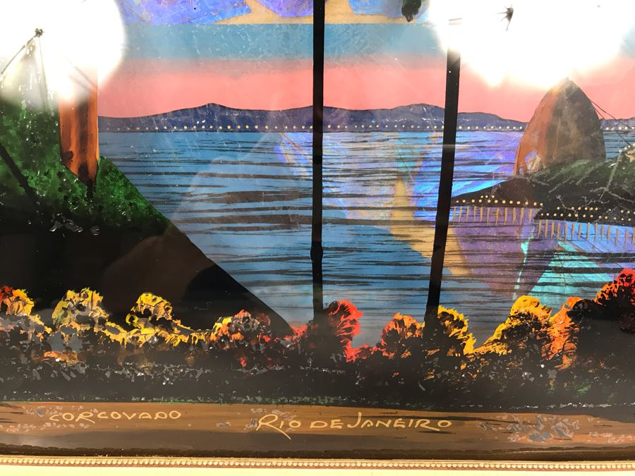 Vintage Corcovado Rio De Janeiro Bubbled Glass Butterfly Wings Framed Artwork 15' X 11' [Photo 4]