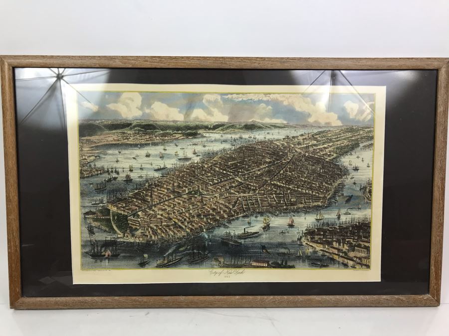 Hand Colored Map City Of New York 1853 Ponte Vecchio Reproduction 1960 Framed 29' X 17' [Photo 2]