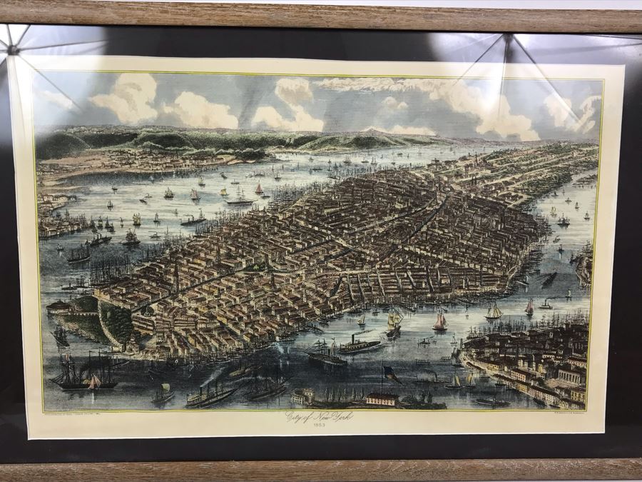 Hand Colored Map City Of New York 1853 Ponte Vecchio Reproduction 1960 Framed 29' X 17' [Photo 1]