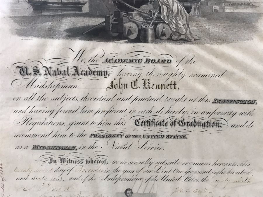 Antique 1864 Framed United States Naval Academy Certificate Of Graduation Diploma Of John C. Bennett As A Midshipman 18' X 23' [Photo 8]