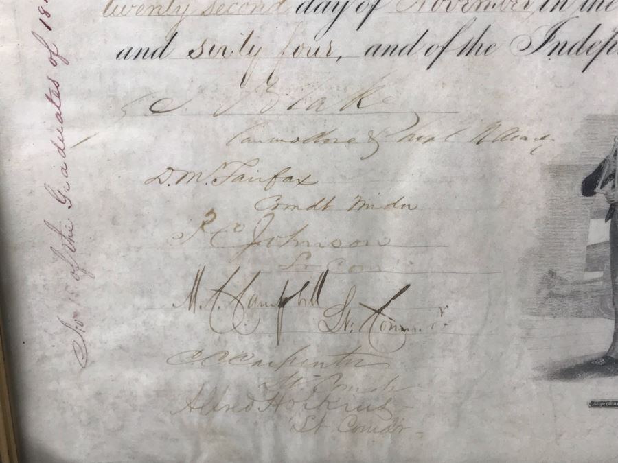 Antique 1864 Framed United States Naval Academy Certificate Of Graduation Diploma Of John C. Bennett As A Midshipman 18' X 23' [Photo 16]