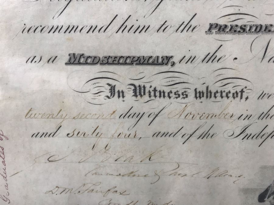 Antique 1864 Framed United States Naval Academy Certificate Of Graduation Diploma Of John C. Bennett As A Midshipman 18' X 23' [Photo 11]