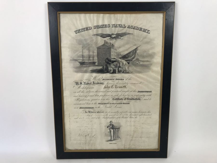 Antique 1864 Framed United States Naval Academy Certificate Of Graduation Diploma Of John C. Bennett As A Midshipman 18' X 23'