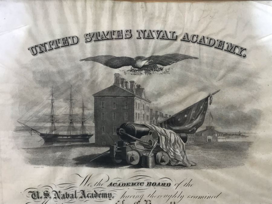 Antique 1864 Framed United States Naval Academy Certificate Of Graduation Diploma Of John C. Bennett As A Midshipman 18' X 23' [Photo 2]