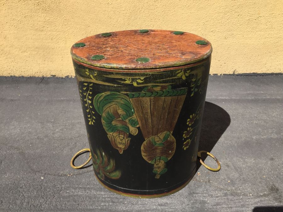 Vintage Asian Hand Painted Brass Metal Trash Bin Can [Photo 5]