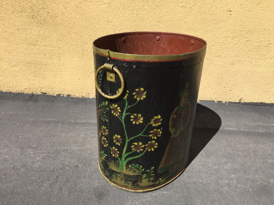 Vintage Asian Hand Painted Brass Metal Trash Bin Can [Photo 2]