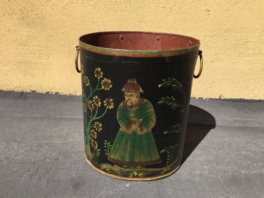 Vintage Asian Hand Painted Brass Metal Trash Bin Can [Photo 3]