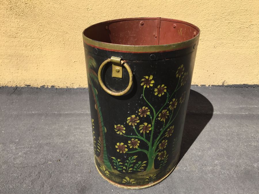 Vintage Asian Hand Painted Brass Metal Trash Bin Can [Photo 4]