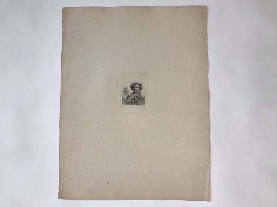 RARE Original Rembrandt Van Rijn Etching Titled 'Self Portrait In A Flat Cap And Embroidered Dress' Pressed In 1922 By Alex Eckener 2.5' X 3.5' Item Appraised At $7,732 Has A Reserve Price - See Description For More Info [Photo 3]
