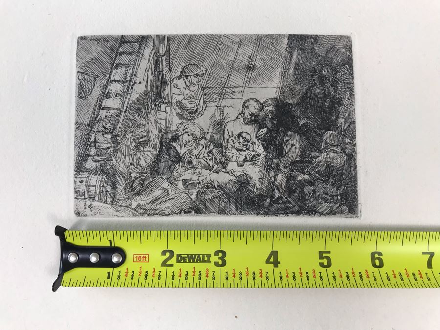 RARE Original Rembrandt Van Rijn Etching Titled 'The Circumcision In The Stable' Pressed In 1922 By Alex Eckener 5.5' X 3.75' Item Appraised At $5,400 Has A Reserve Price - See Description For More Info [Photo 37]