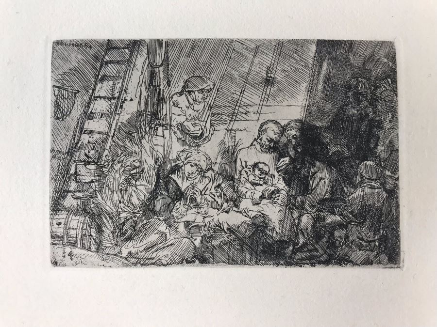 RARE Original Rembrandt Van Rijn Etching Titled 'The Circumcision In The Stable' Pressed In 1922 By Alex Eckener 5.5' X 3.75' Item Appraised At $5,400 Has A Reserve Price - See Description For More Info [Photo 29]