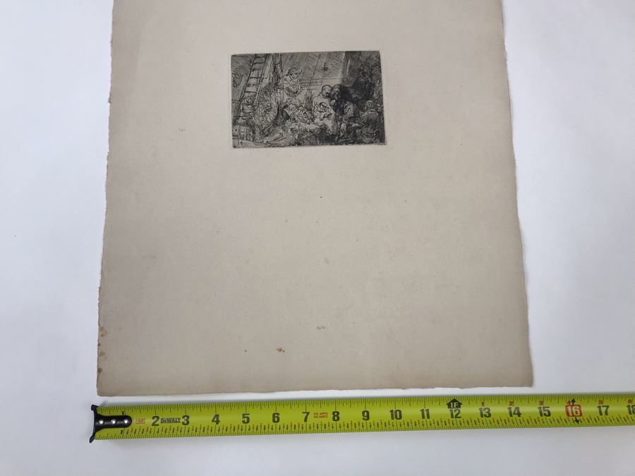 RARE Original Rembrandt Van Rijn Etching Titled 'The Circumcision In The Stable' Pressed In 1922 By Alex Eckener 5.5' X 3.75' Item Appraised At $5,400 Has A Reserve Price - See Description For More Info [Photo 35]