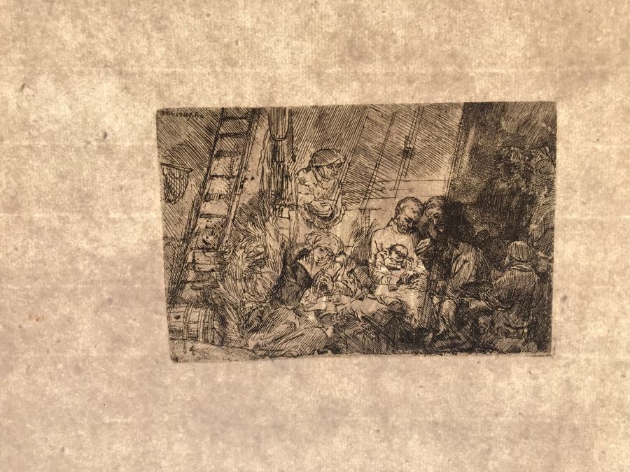 RARE Original Rembrandt Van Rijn Etching Titled 'The Circumcision In The Stable' Pressed In 1922 By Alex Eckener 5.5' X 3.75' Item Appraised At $5,400 Has A Reserve Price - See Description For More Info [Photo 41]