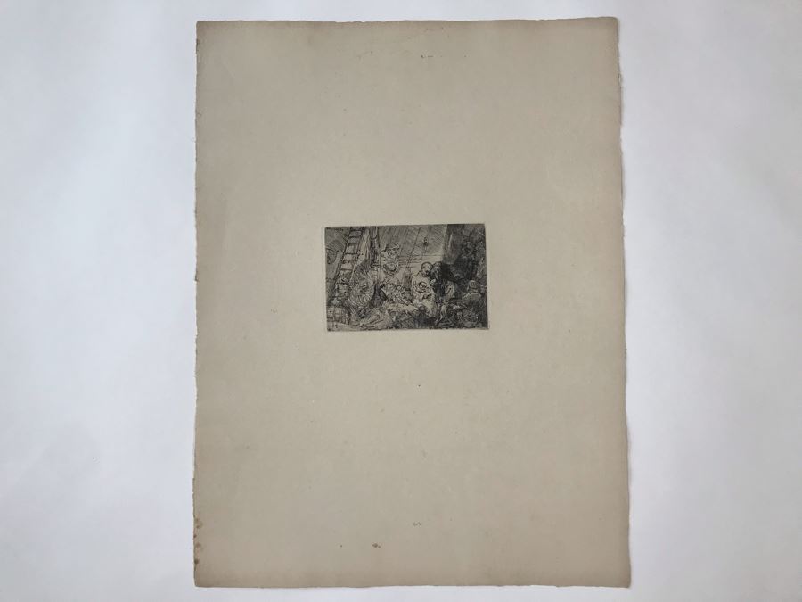 RARE Original Rembrandt Van Rijn Etching Titled 'The Circumcision In The Stable' Pressed In 1922 By Alex Eckener 5.5' X 3.75' Item Appraised At $5,400 Has A Reserve Price - See Description For More Info [Photo 2]