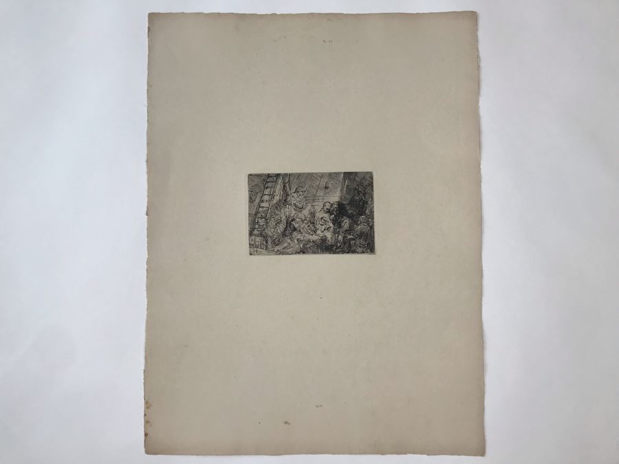 RARE Original Rembrandt Van Rijn Etching Titled 'The Circumcision In The Stable' Pressed In 1922 By Alex Eckener 5.5' X 3.75' Item Appraised At $5,400 Has A Reserve Price - See Description For More Info [Photo 3]