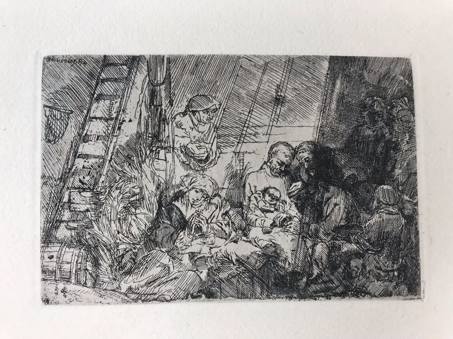 RARE Original Rembrandt Van Rijn Etching Titled 'The Circumcision In The Stable' Pressed In 1922 By Alex Eckener 5.5' X 3.75' Item Appraised At $5,400 Has A Reserve Price - See Description For More Info [Photo 5]