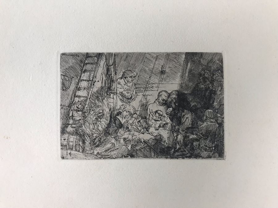 RARE Original Rembrandt Van Rijn Etching Titled 'The Circumcision In The Stable' Pressed In 1922 By Alex Eckener 5.5' X 3.75' Item Appraised At $5,400 Has A Reserve Price - See Description For More Info [Photo 4]