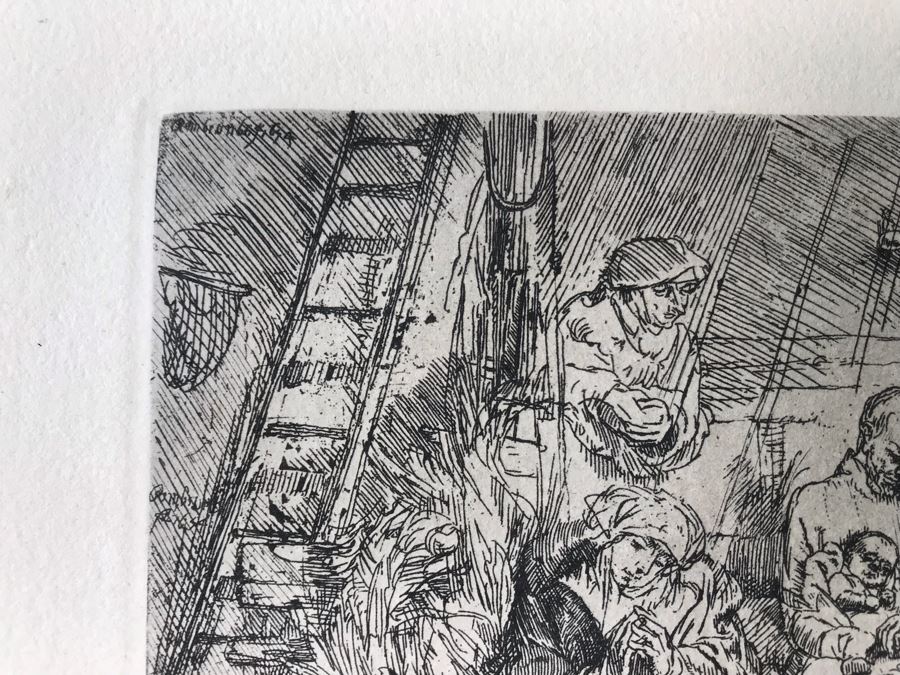 RARE Original Rembrandt Van Rijn Etching Titled 'The Circumcision In The Stable' Pressed In 1922 By Alex Eckener 5.5' X 3.75' Item Appraised At $5,400 Has A Reserve Price - See Description For More Info [Photo 8]