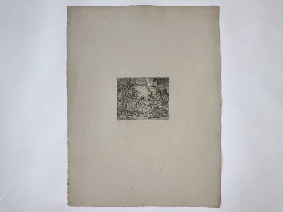 RARE Original Rembrandt Van Rijn Etching Titled 'Adoration Of The Shepherds With The Lamp' Pressed In 1922 By Alex Eckener 5' X 4' - Item Appraised At $5,400 Has A Reserve Price - See Description For More Info [Photo 2]