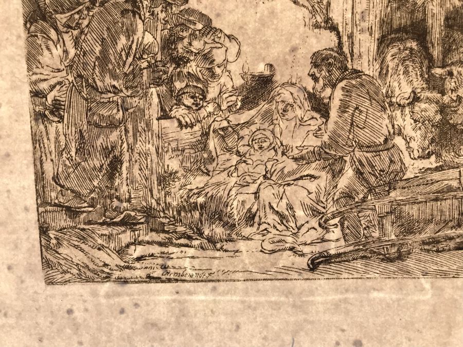 RARE Original Rembrandt Van Rijn Etching Titled 'Adoration Of The Shepherds With The Lamp' Pressed In 1922 By Alex Eckener 5' X 4' - Item Appraised At $5,400 Has A Reserve Price - See Description For More Info [Photo 39]