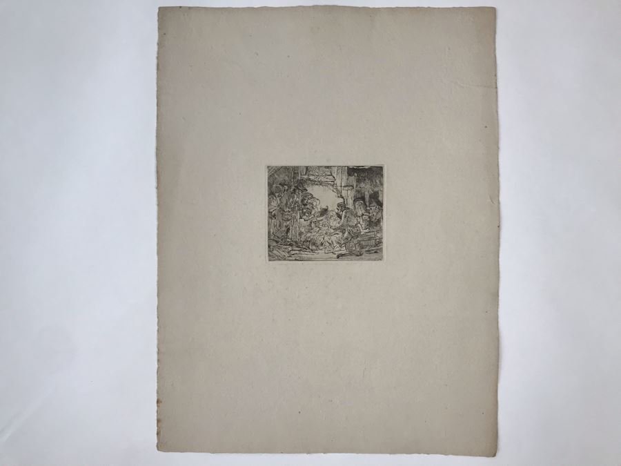 RARE Original Rembrandt Van Rijn Etching Titled 'Adoration Of The Shepherds With The Lamp' Pressed In 1922 By Alex Eckener 5' X 4' - Item Appraised At $5,400 Has A Reserve Price - See Description For More Info [Photo 3]