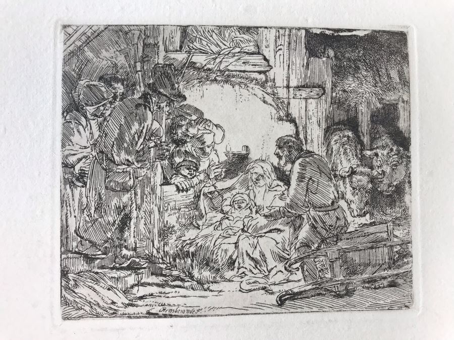 RARE Original Rembrandt Van Rijn Etching Titled 'Adoration Of The Shepherds With The Lamp' Pressed In 1922 By Alex Eckener 5' X 4' - Item Appraised At $5,400 Has A Reserve Price - See Description For More Info [Photo 4]