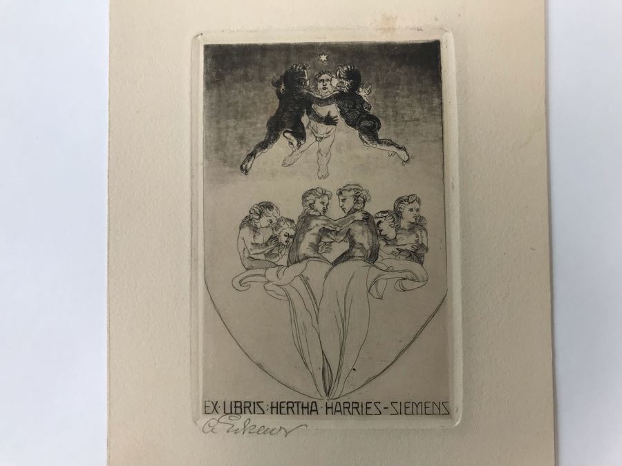 Original 1912 Pencil Hand Signed Alex Eckener Etching Bookplate For Hertha Harries-Siemens (Daughter Of Werner Von Siemens - Founder Of Siemens Corp.) 3.5' X 5' - See Description [Photo 27]