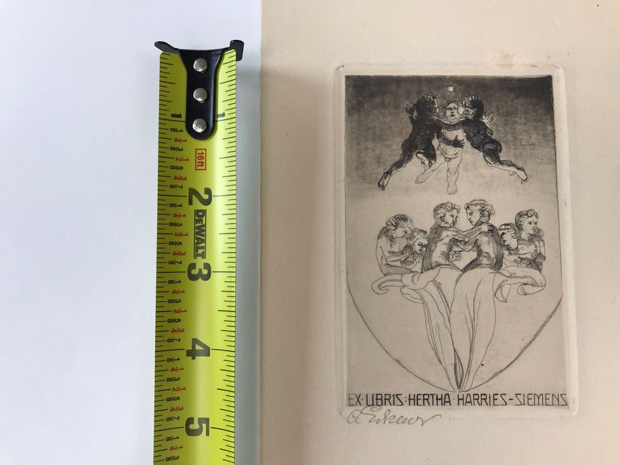 Original 1912 Pencil Hand Signed Alex Eckener Etching Bookplate For Hertha Harries-Siemens (Daughter Of Werner Von Siemens - Founder Of Siemens Corp.) 3.5' X 5' - See Description [Photo 31]