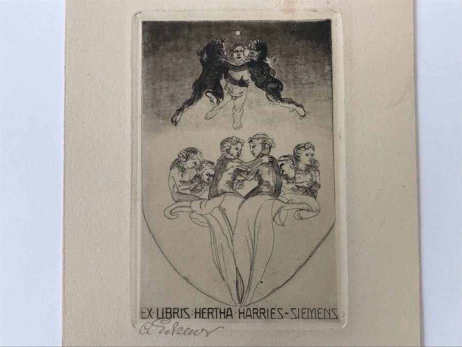 Original 1912 Pencil Hand Signed Alex Eckener Etching Bookplate For Hertha Harries-Siemens (Daughter Of Werner Von Siemens - Founder Of Siemens Corp.) 3.5' X 5' - See Description [Photo 28]