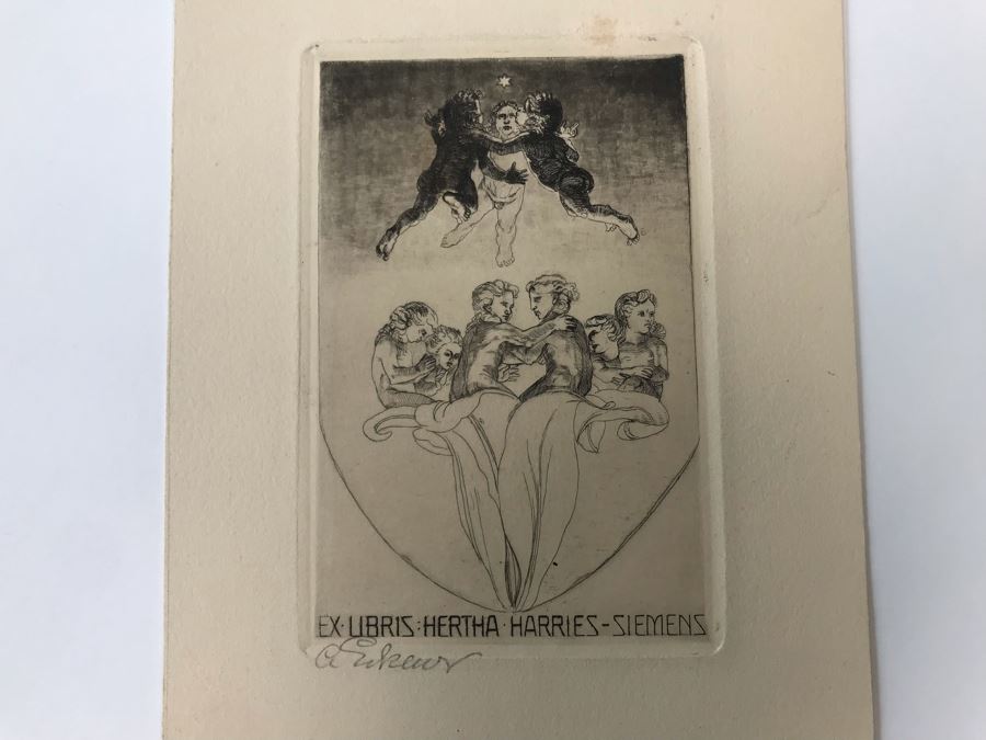 Original 1912 Pencil Hand Signed Alex Eckener Etching Bookplate For Hertha Harries-Siemens (Daughter Of Werner Von Siemens - Founder Of Siemens Corp.) 3.5' X 5' - See Description [Photo 4]