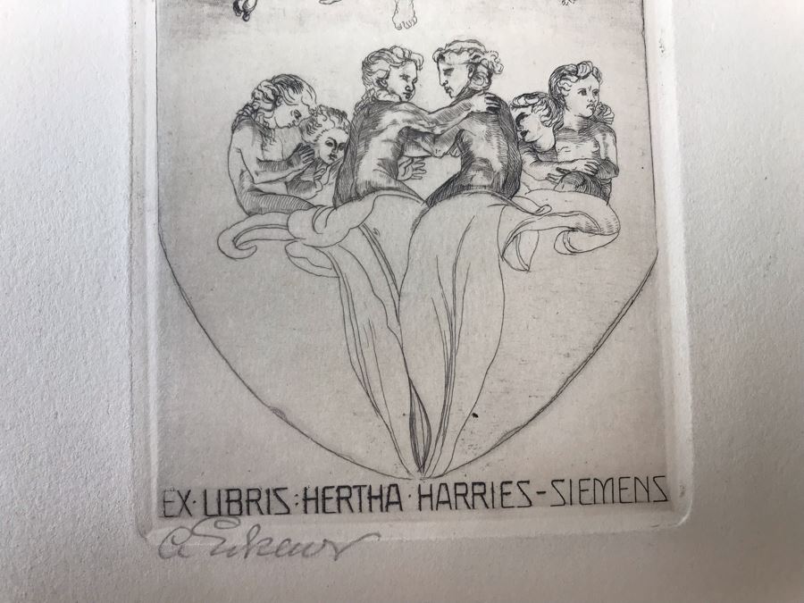 Original 1912 Pencil Hand Signed Alex Eckener Etching Bookplate For Hertha Harries-Siemens (Daughter Of Werner Von Siemens - Founder Of Siemens Corp.) 3.5' X 5' - See Description [Photo 6]