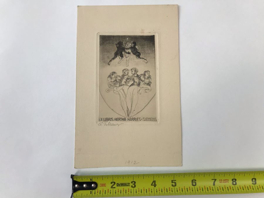 Original 1912 Pencil Hand Signed Alex Eckener Etching Bookplate For Hertha Harries-Siemens (Daughter Of Werner Von Siemens - Founder Of Siemens Corp.) 3.5' X 5' - See Description [Photo 30]