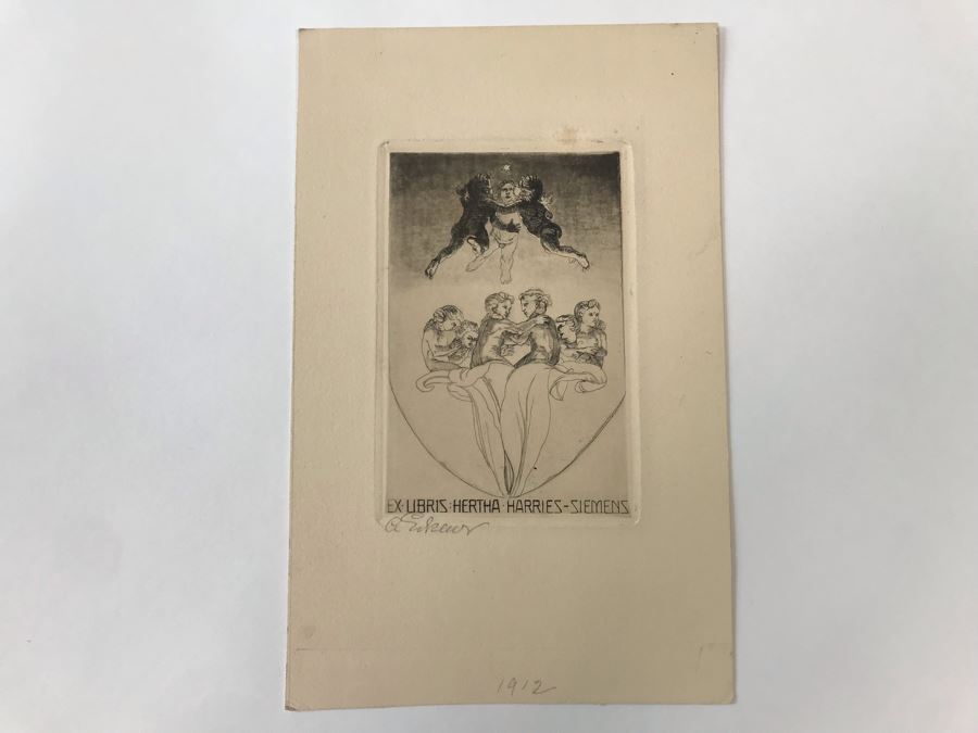 Original 1912 Pencil Hand Signed Alex Eckener Etching Bookplate For Hertha Harries-Siemens (Daughter Of Werner Von Siemens - Founder Of Siemens Corp.) 3.5' X 5' - See Description [Photo 3]