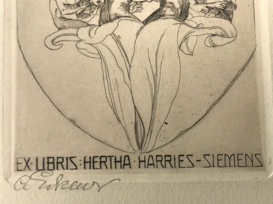 Original 1912 Pencil Hand Signed Alex Eckener Etching Bookplate For Hertha Harries-Siemens (Daughter Of Werner Von Siemens - Founder Of Siemens Corp.) 3.5' X 5' - See Description [Photo 19]