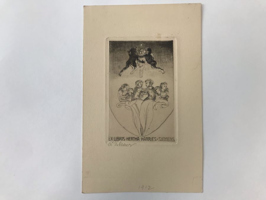Original 1912 Pencil Hand Signed Alex Eckener Etching Bookplate For Hertha Harries-Siemens (Daughter Of Werner Von Siemens - Founder Of Siemens Corp.) 3.5' X 5' - See Description [Photo 26]