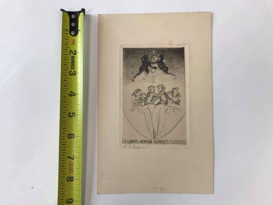 Original 1912 Pencil Hand Signed Alex Eckener Etching Bookplate For Hertha Harries-Siemens (Daughter Of Werner Von Siemens - Founder Of Siemens Corp.) 3.5' X 5' - See Description [Photo 29]