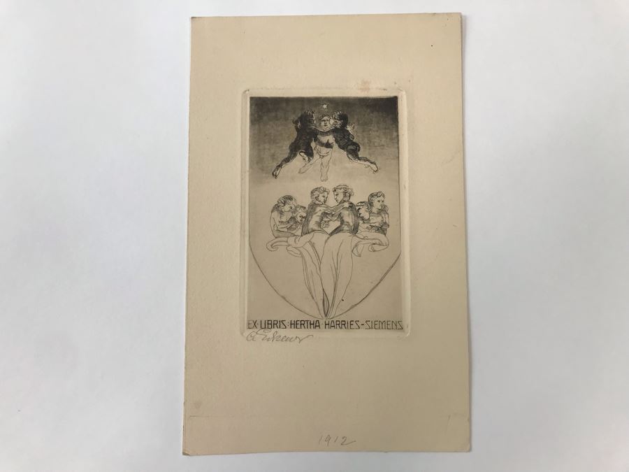 Original 1912 Pencil Hand Signed Alex Eckener Etching Bookplate For Hertha Harries-Siemens (Daughter Of Werner Von Siemens - Founder Of Siemens Corp.) 3.5' X 5' - See Description [Photo 2]
