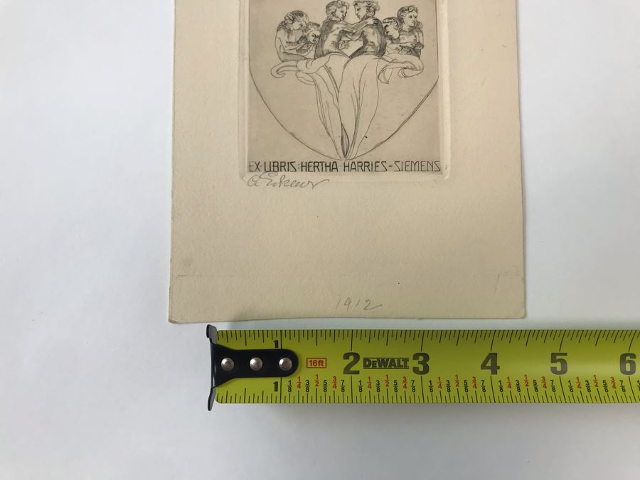 Original 1912 Pencil Hand Signed Alex Eckener Etching Bookplate For Hertha Harries-Siemens (Daughter Of Werner Von Siemens - Founder Of Siemens Corp.) 3.5' X 5' - See Description [Photo 32]