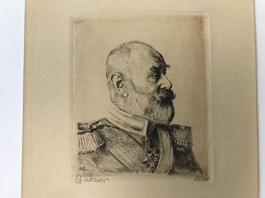 Antique 1915 Pencil Signed Original Etching Of King Wilhelm II V. Wurtemberg 1891-1918 By Alex Eckener 4' X 4.5' - See Description [Photo 4]