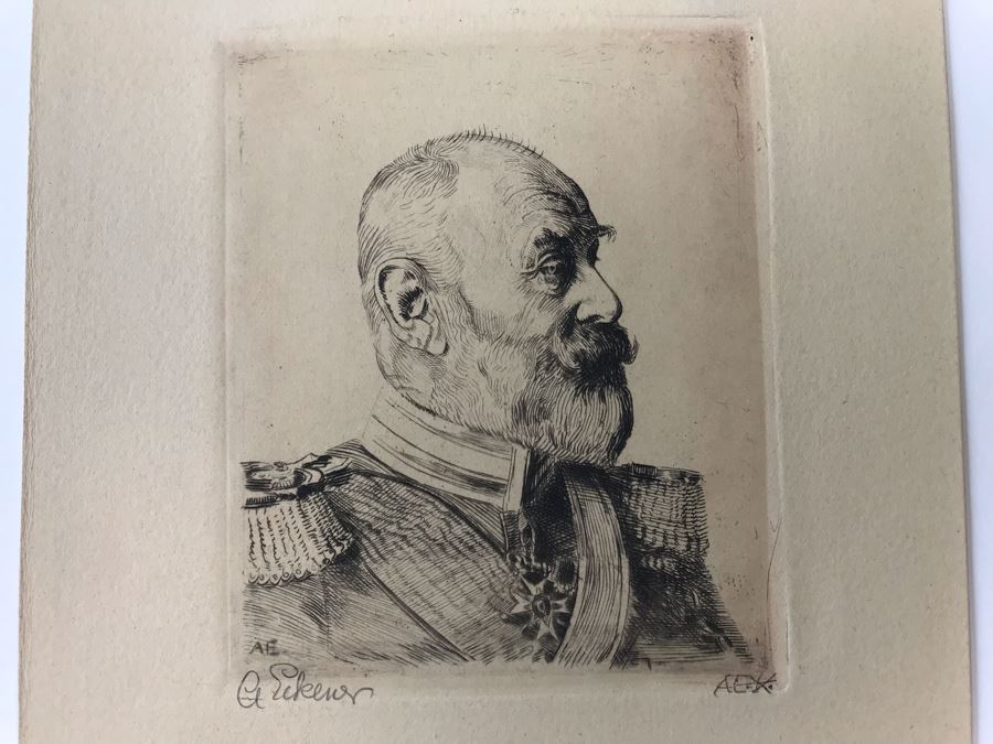 Antique 1915 Pencil Signed Original Etching Of King Wilhelm II V. Wurtemberg 1891-1918 By Alex Eckener 4' X 4.5' - See Description [Photo 5]