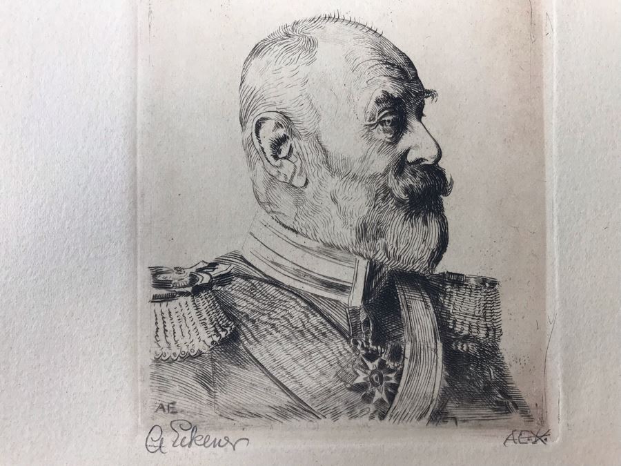 Antique 1915 Pencil Signed Original Etching Of King Wilhelm II V. Wurtemberg 1891-1918 By Alex Eckener 4' X 4.5' - See Description [Photo 6]