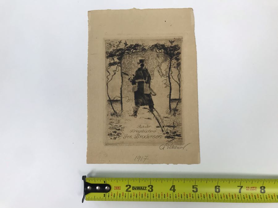Original 1917 Pencil Hand Signed Alex Eckener Etching Bookplate Titled 'Aus der Kriegsbücherei' 'From The War Bookshop' For Jes. Brodersen 4' X 5' - See Description [Photo 23]