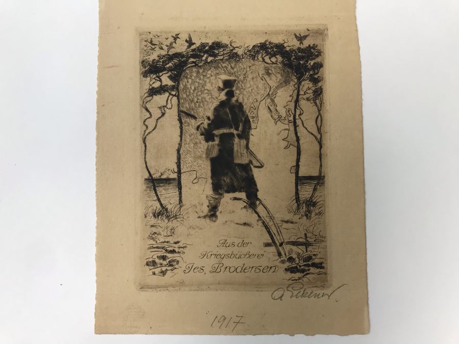 Original 1917 Pencil Hand Signed Alex Eckener Etching Bookplate Titled 'Aus der Kriegsbücherei' 'From The War Bookshop' For Jes. Brodersen 4' X 5' - See Description [Photo 4]