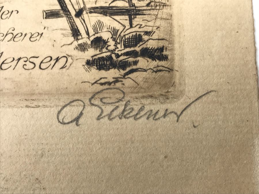 Original 1917 Pencil Hand Signed Alex Eckener Etching Bookplate Titled 'Aus der Kriegsbücherei' 'From The War Bookshop' For Jes. Brodersen 4' X 5' - See Description [Photo 11]