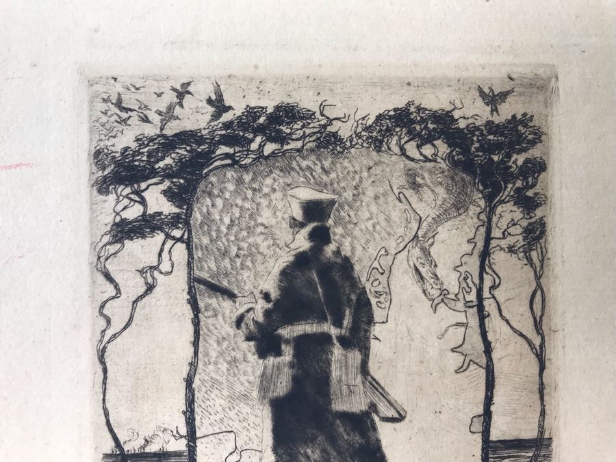 Original 1917 Pencil Hand Signed Alex Eckener Etching Bookplate Titled 'Aus der Kriegsbücherei' 'From The War Bookshop' For Jes. Brodersen 4' X 5' - See Description [Photo 5]
