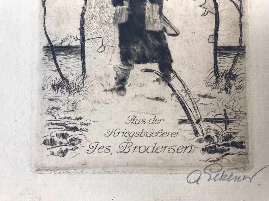 Original 1917 Pencil Hand Signed Alex Eckener Etching Bookplate Titled 'Aus der Kriegsbücherei' 'From The War Bookshop' For Jes. Brodersen 4' X 5' - See Description [Photo 7]