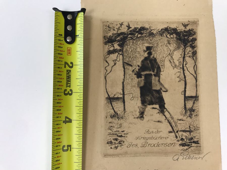 Original 1917 Pencil Hand Signed Alex Eckener Etching Bookplate Titled 'Aus der Kriegsbücherei' 'From The War Bookshop' For Jes. Brodersen 4' X 5' - See Description [Photo 25]