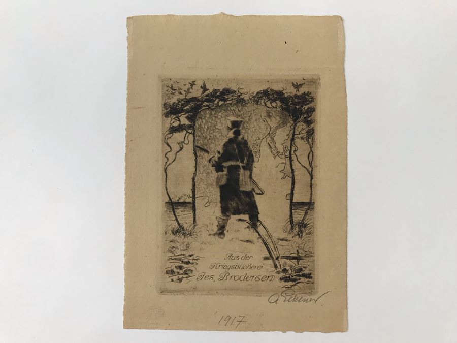 Original 1917 Pencil Hand Signed Alex Eckener Etching Bookplate Titled 'Aus der Kriegsbücherei' 'From The War Bookshop' For Jes. Brodersen 4' X 5' - See Description [Photo 2]